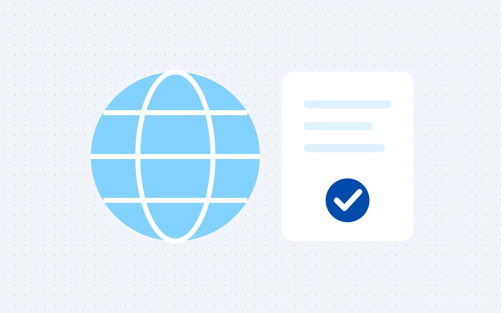 Abstract illustration: a globe beside a data file with a check mark